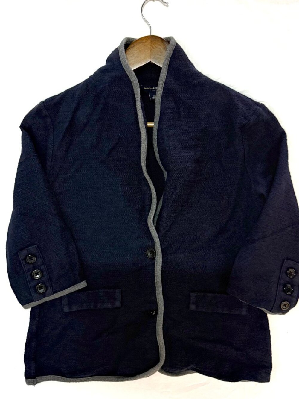 Banana Republic Navy Knit Blazer Cardigan Gray Trim 3/4 Sleeve Womens XS